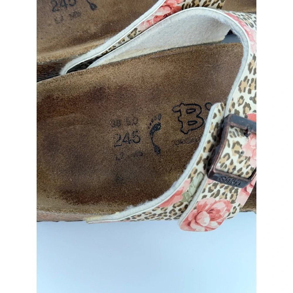 Birkis Birkenstock Floral Leopard Print Slide Sandals Brown Pink Tan 38 L7 M5